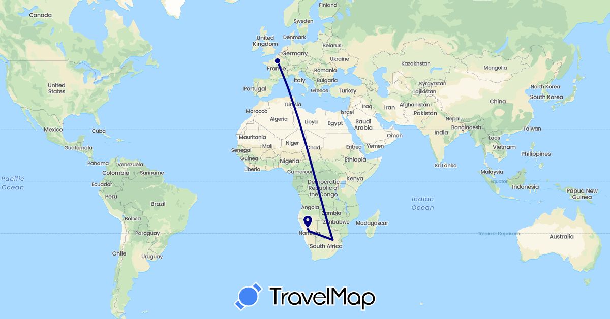 TravelMap itinerary: driving in France, Namibia, South Africa (Africa, Europe)